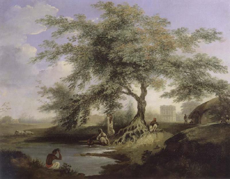 unknow artist Natives Drawing Water form a pond with Warren Hastings-House at Alipur in the Distance oil painting image